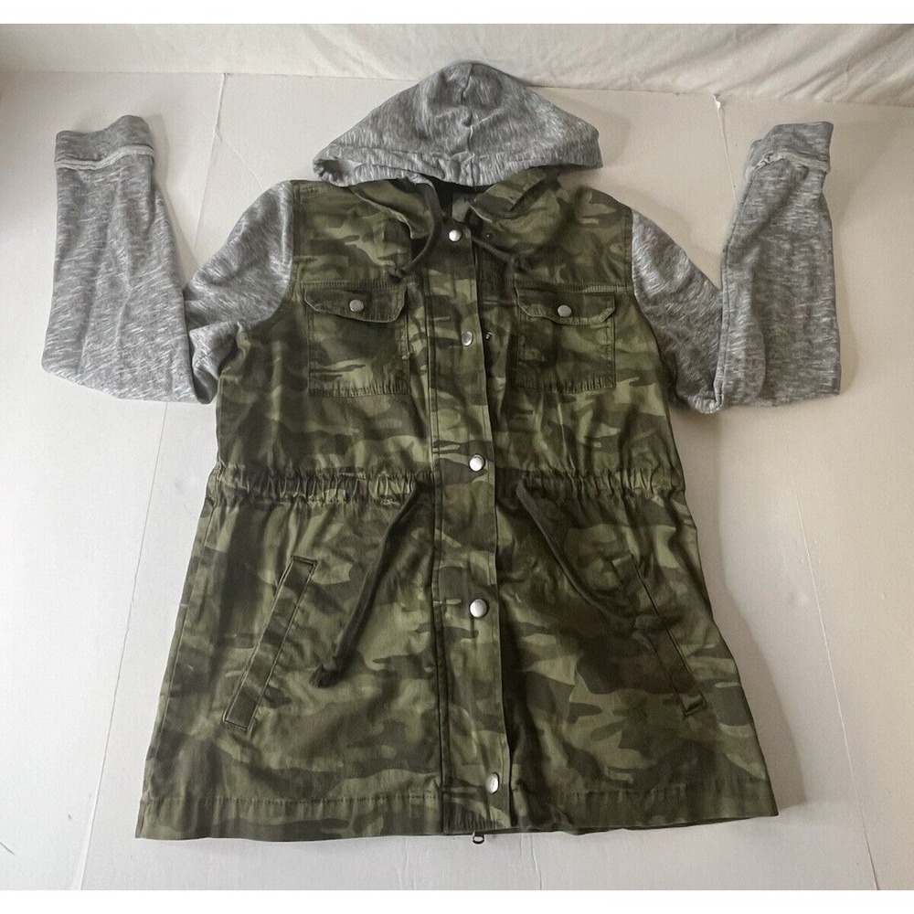 Mudd Womens Jacket Medium Hooded Cargo Military Zip Up Snap Knit Sleeve Gray